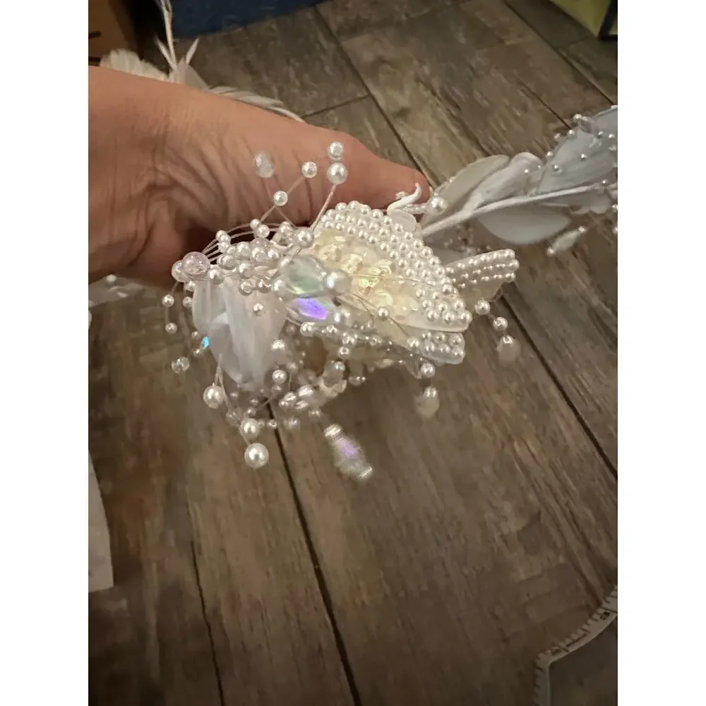 Women's White Floral Feather Bridal Hair Clip Headband vintage 80s